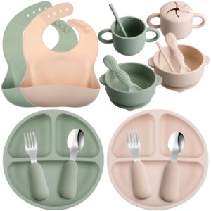 16 pcs baby led weaning supplies silicone baby feeding set baby plates with suction baby utensils with divided adjustable bib bowl cutlery snack cup spoons straw 6 months+ (military green, beige)