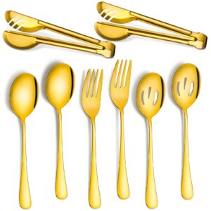 patelai stainless steel serving utensils large serving spoon set 9.45 inch metal tongs 9 inch serving forks 8.7 inch slotted spoons and serving spoon kitchen wedding party(gold, 8 pieces)