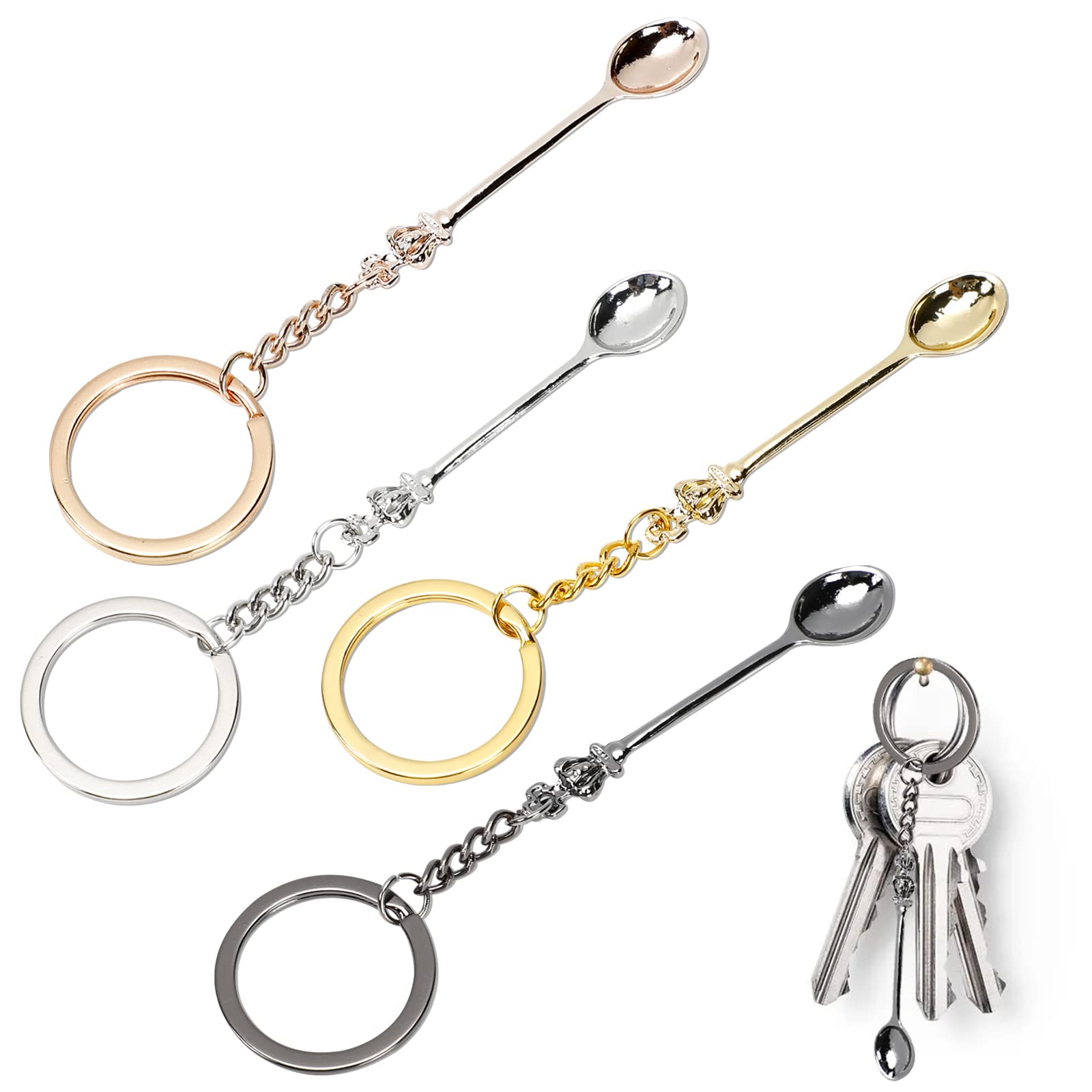 Meisuitd 4PCS Mini Crown Spoon Keychain Pendant Necklace, Mini Spoon Teaspoon with King Queen Crown Pendant Key Ring for Filling Vials with Salts, Sand, Glitter (4 Color)