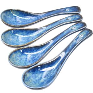 boeea 4 pieces soup spoon set, asian soup spoon, long handle ceramic soup spoons, retro blue ramen bowl soup spoon suitable for soup, dumplings, gravy, cake, oatmeal