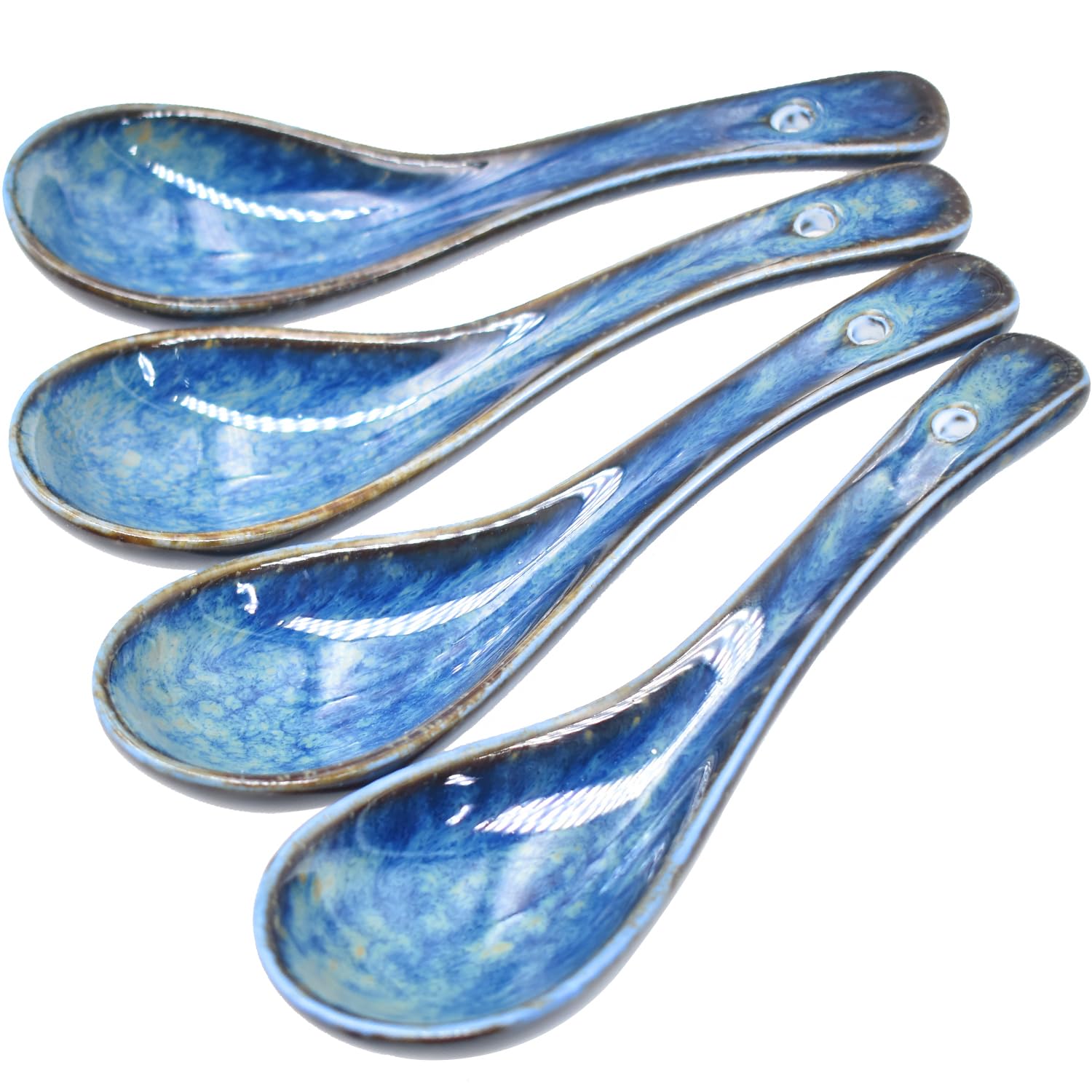 BOEEA 4 Pieces Soup Spoon Set, Asian Soup Spoon, Long Handle Ceramic Soup Spoons, Retro Blue Ramen Bowl Soup Spoon Suitable for Soup, Dumplings, Gravy, Cake, Oatmeal