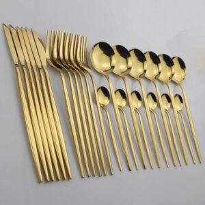 JANKNG 24-Piece Flatware Set, 18/0 Stainless Steel Knife Fork Spoon Teaspoon Silverware Set, Service for 6, MIrror Gold