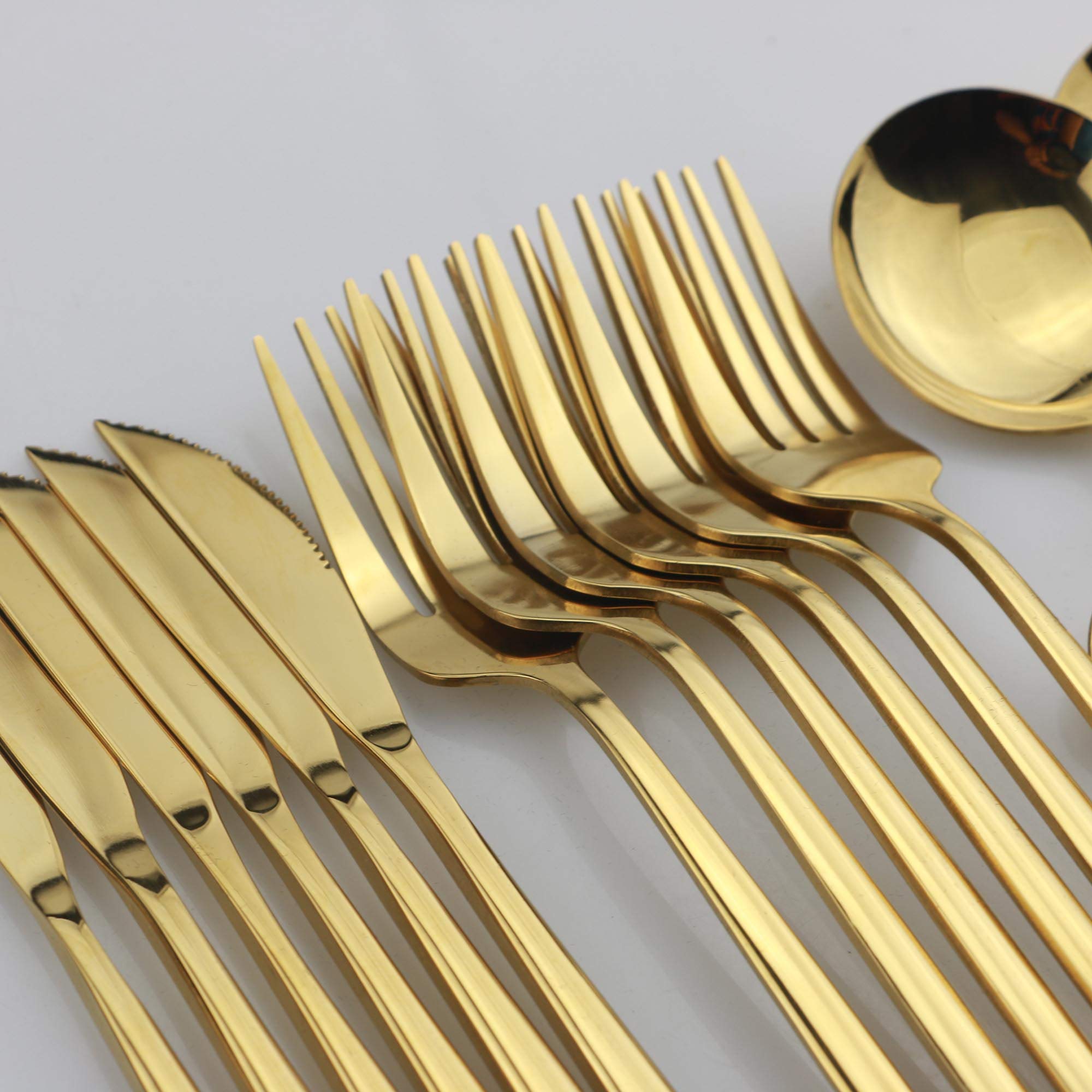 JANKNG 24-Piece Flatware Set, 18/0 Stainless Steel Knife Fork Spoon Teaspoon Silverware Set, Service for 6, MIrror Gold