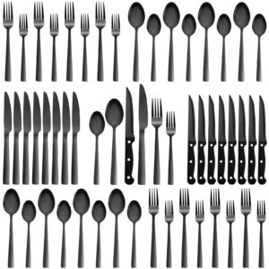 48 pieces black silverware set with steak knives, cekee stainless steel silverware set for 8, black flatware cutlery kitchen utensils set, spoons and forks set, mirror polished & heavy duty