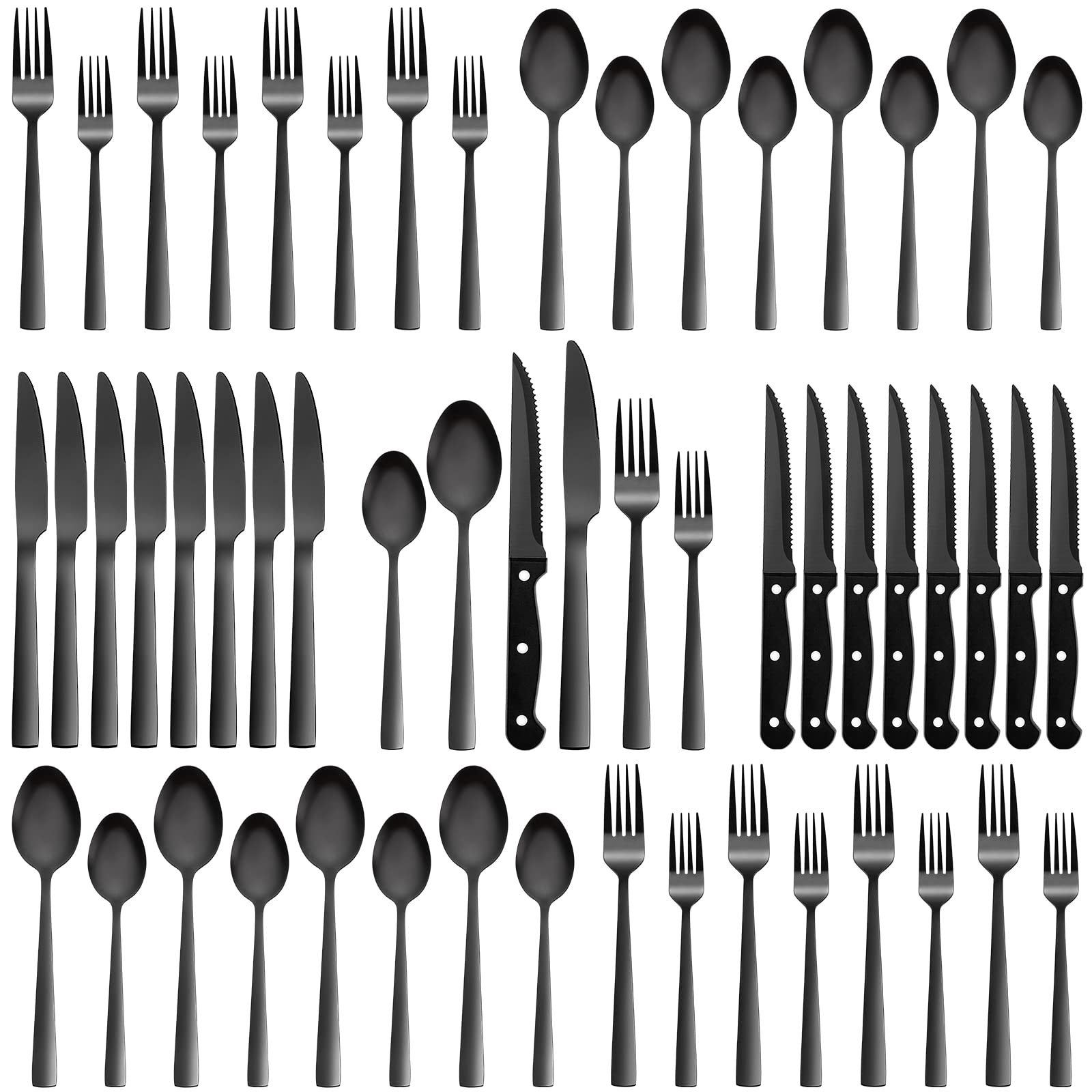 48 Pieces Black Silverware Set with Steak Knives, CEKEE Stainless Steel silverware set for 8, Black Flatware Cutlery Kitchen Utensils Set, Spoons and Forks Set, Mirror Polished & Heavy Duty