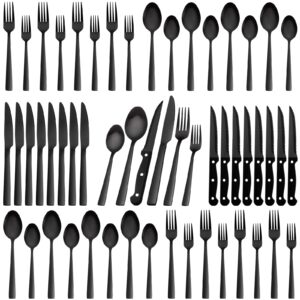 48 Pieces Black Silverware Set with Steak Knives, CEKEE Stainless Steel silverware set for 8, Black Flatware Cutlery Kitchen Utensils Set, Spoons and Forks Set, Mirror Polished & Heavy Duty