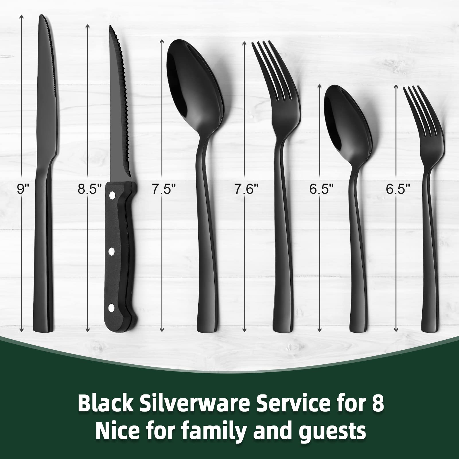 48 Pieces Black Silverware Set with Steak Knives, CEKEE Stainless Steel silverware set for 8, Black Flatware Cutlery Kitchen Utensils Set, Spoons and Forks Set, Mirror Polished & Heavy Duty