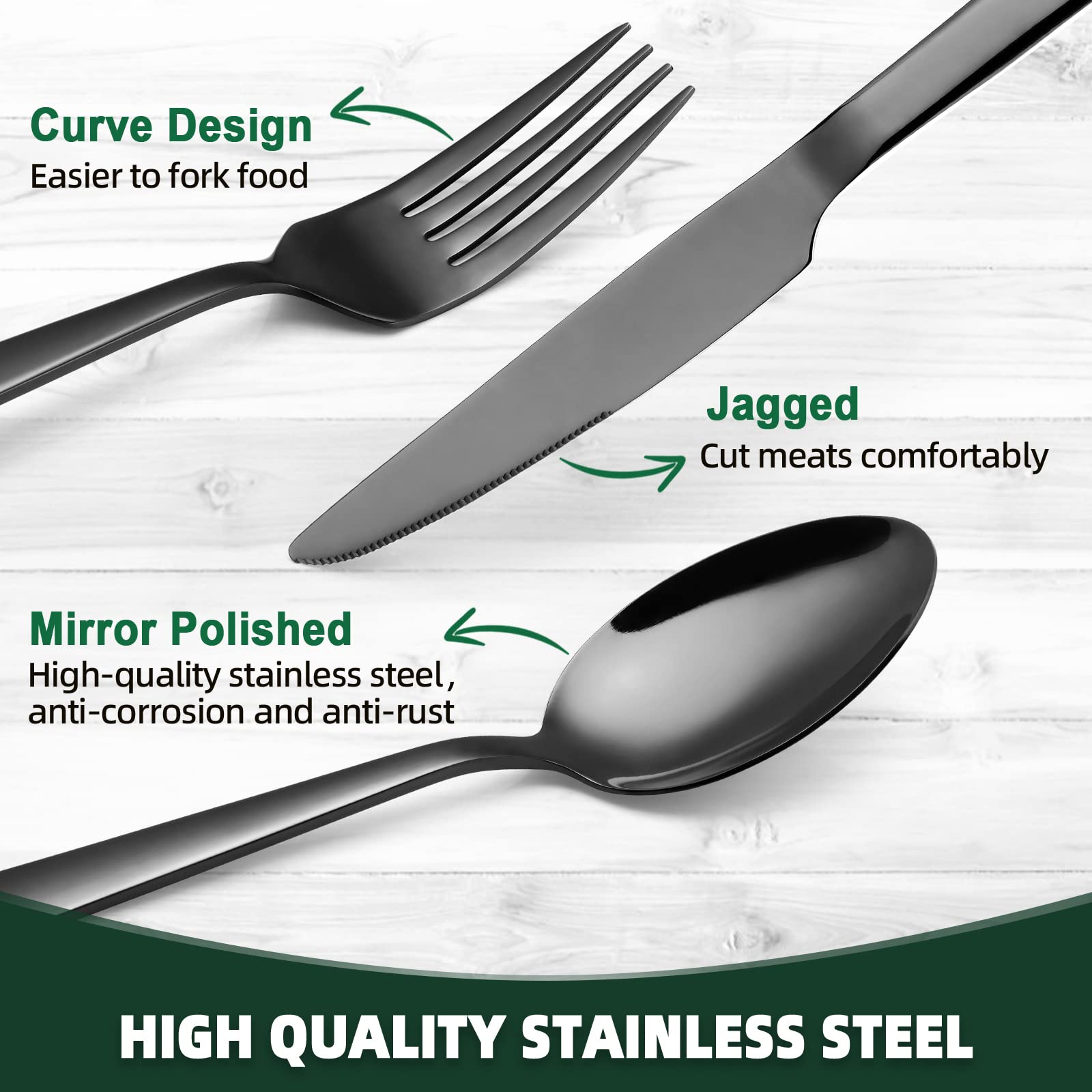 48 Pieces Black Silverware Set with Steak Knives, CEKEE Stainless Steel silverware set for 8, Black Flatware Cutlery Kitchen Utensils Set, Spoons and Forks Set, Mirror Polished & Heavy Duty