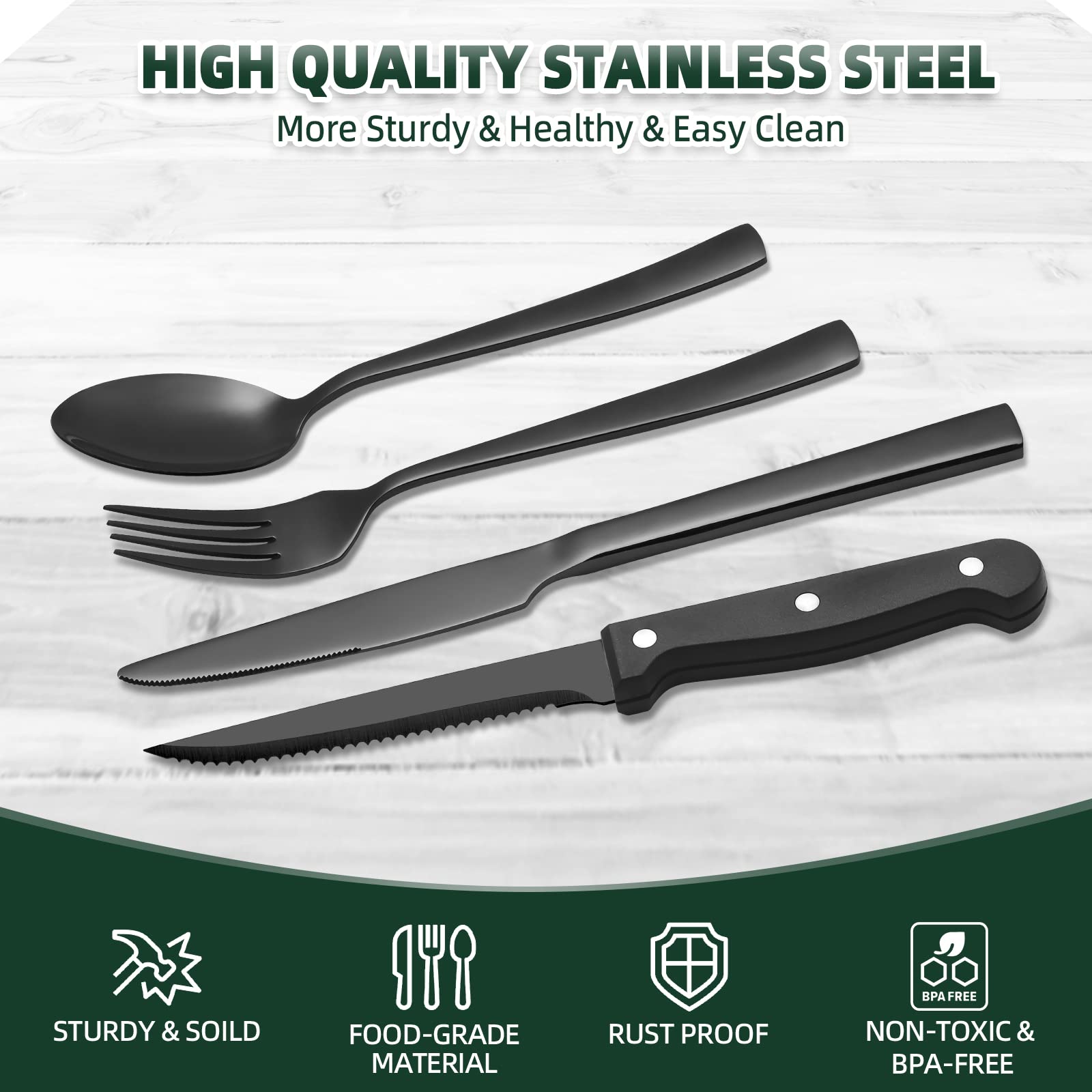 48 Pieces Black Silverware Set with Steak Knives, CEKEE Stainless Steel silverware set for 8, Black Flatware Cutlery Kitchen Utensils Set, Spoons and Forks Set, Mirror Polished & Heavy Duty