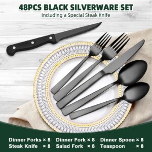 48 Pieces Black Silverware Set with Steak Knives, CEKEE Stainless Steel silverware set for 8, Black Flatware Cutlery Kitchen Utensils Set, Spoons and Forks Set, Mirror Polished & Heavy Duty