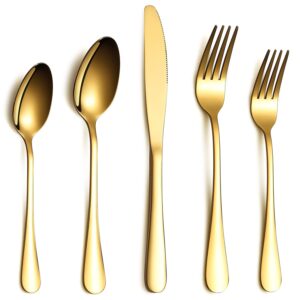 berglander flatware set 20 piece, stainless steel with titanium gold plated, golden color flatware set, silverware, cutlery set service for 4 (shiny gold)