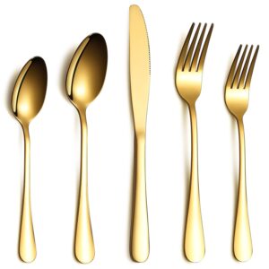 Berglander Flatware Set 20 Piece, Stainless Steel With Titanium Gold Plated, Golden Color Flatware Set, Silverware, Cutlery Set Service For 4 (Shiny Gold)