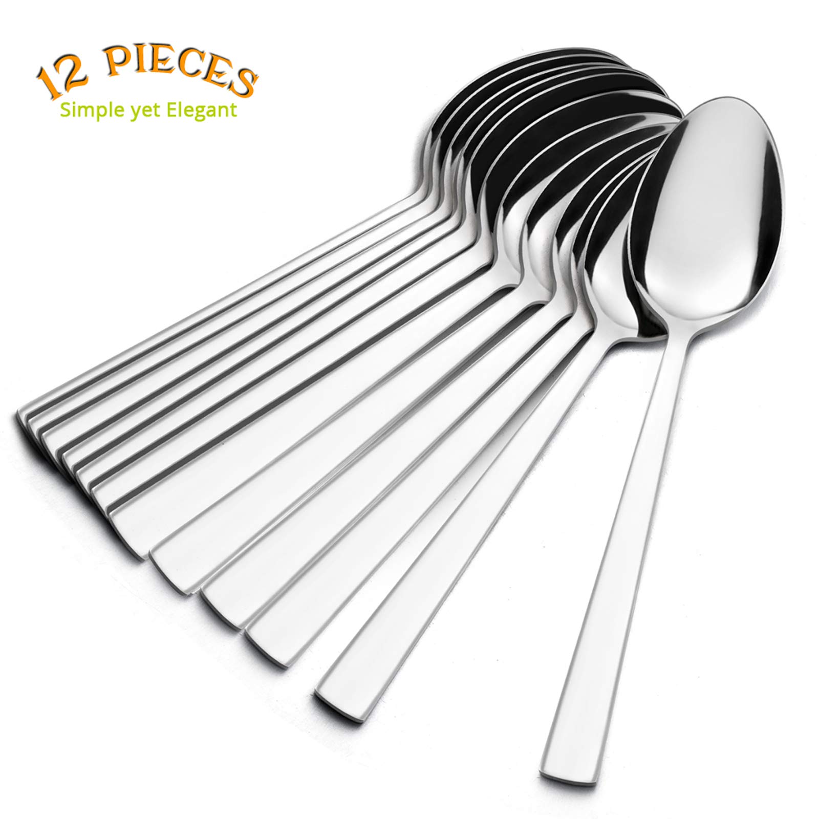 Dinner Spoons Set of 12, E-far 7.9 Inch Stainless Steel Soup Spoons Tablespoons for Home, Kitchen or Restaurant, Non-toxic & Mirror Polished, Squared Edge & Dishwasher Safe