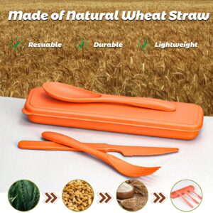 Reusable Travel Utensils Set with Case, 4 Sets Wheat Straw Portable Plastic Fork Spoons Knife Camping Cutlery, Eco-Friendly BPA Free Lunch Tableware Travel Picnic Silverware for Kids Adults Daily Use