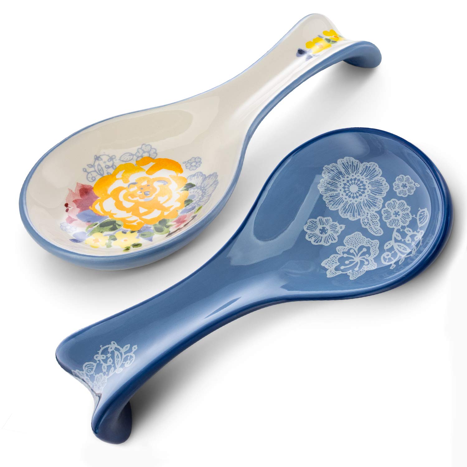 Spoon Rest, Ceramic Make, by Kook Spatula, Ladle, Utensil Holder, Dishwasher Safe for Stove Top, for Home and Coffee Bar Accessories, Set of 2 (Floral)