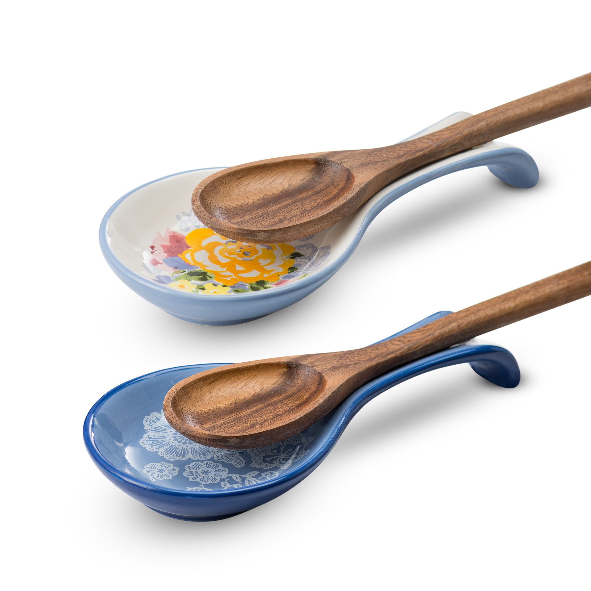 Spoon Rest, Ceramic Make, by Kook Spatula, Ladle, Utensil Holder, Dishwasher Safe for Stove Top, for Home and Coffee Bar Accessories, Set of 2 (Floral)