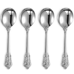 keawell gorgeous round soup spoon, set of 4, 18/10 stainless steel, luxury bouillon spoon, dishwasher safe, fine mirror polished (silver)