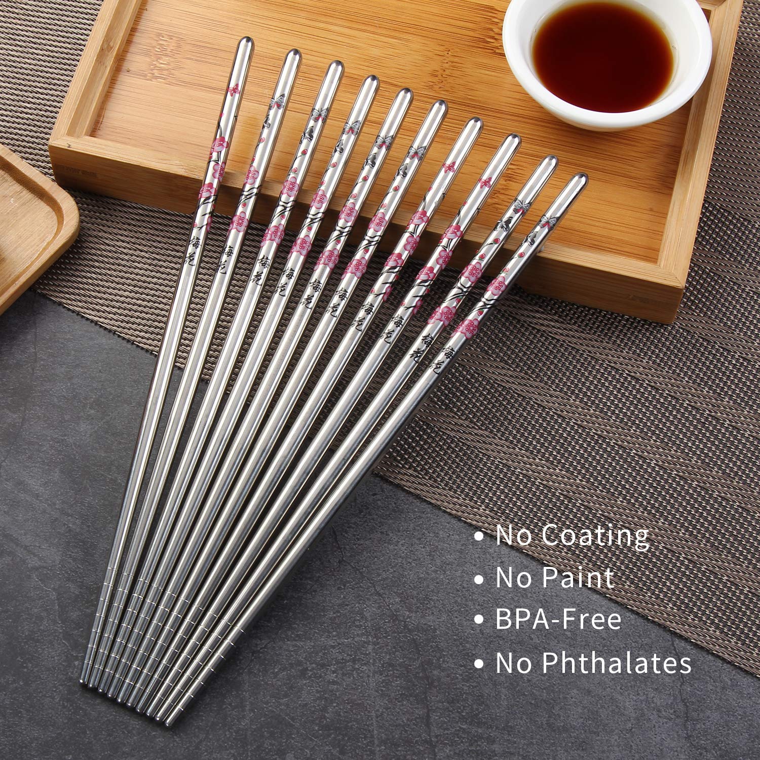 HuaLan Stainless Steel Chopsticks, Metal Alloy Chopstick, Reusable Non-slip Design Chop Sticks, 5 Pairs Gift Set,Plum Pattern Design