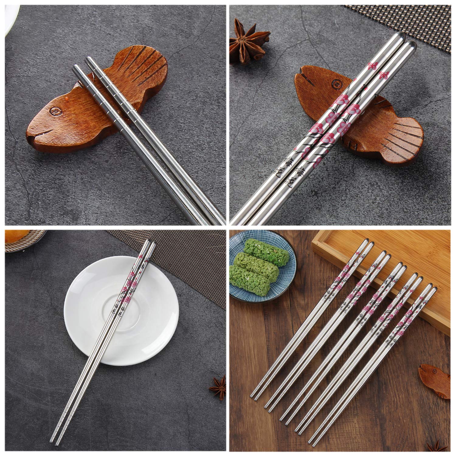 HuaLan Stainless Steel Chopsticks, Metal Alloy Chopstick, Reusable Non-slip Design Chop Sticks, 5 Pairs Gift Set,Plum Pattern Design