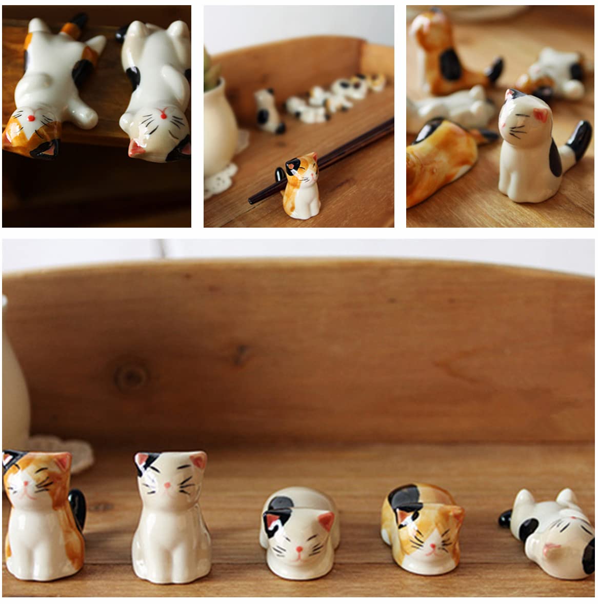 MIUFA Ceramic Cute Cat Chopsticks Rest Dinner Spoon Stand Knife Fork Holder (Set of 6PCS)