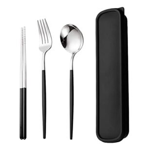 axiaolu travel utensils, stainless steel 4pcs cutlery set portable camp reusable flatware silverware, include fork spoon chopsticks with case (black)