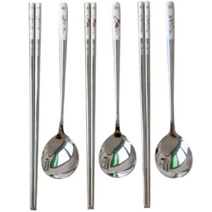 yapullya reusable chopstick and spoon set, korean long handle stainless steel spoon and chopsticks set, dishwasher safe metal chop sticks, set of 3. (multi-patterned)