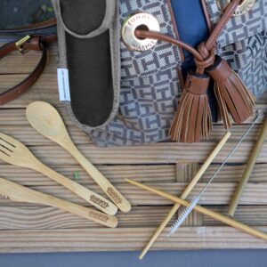 Bamboo Travel Utensil Set | Bamboo Fork, Knife, Spoon, Chopsticks, Straw, Straw-cleaning brush, Travel Pouch and Carabiner | Excellent For Everyday Use! ((1Set) Midnight Black)