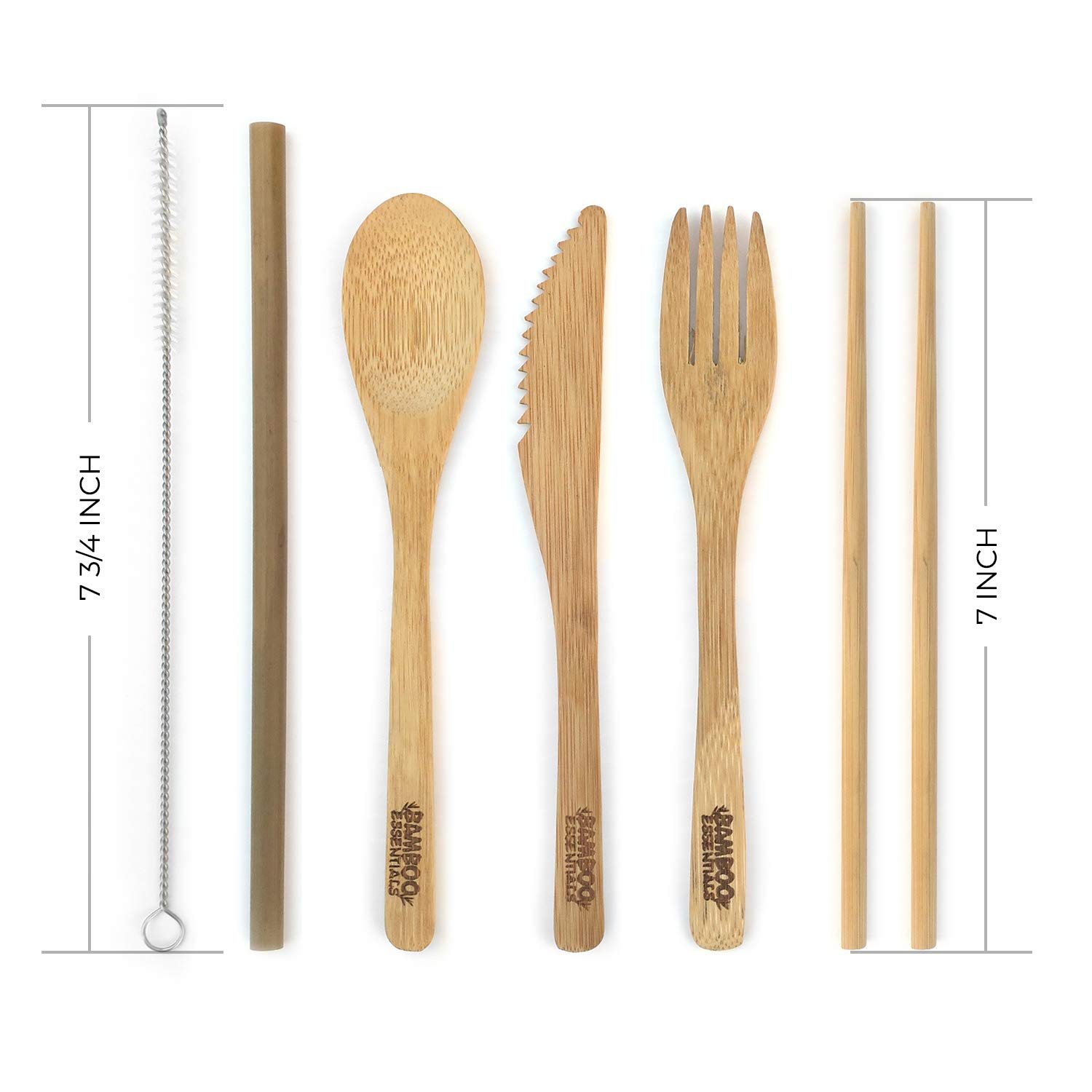 Bamboo Travel Utensil Set | Bamboo Fork, Knife, Spoon, Chopsticks, Straw, Straw-cleaning brush, Travel Pouch and Carabiner | Excellent For Everyday Use! ((1Set) Midnight Black)