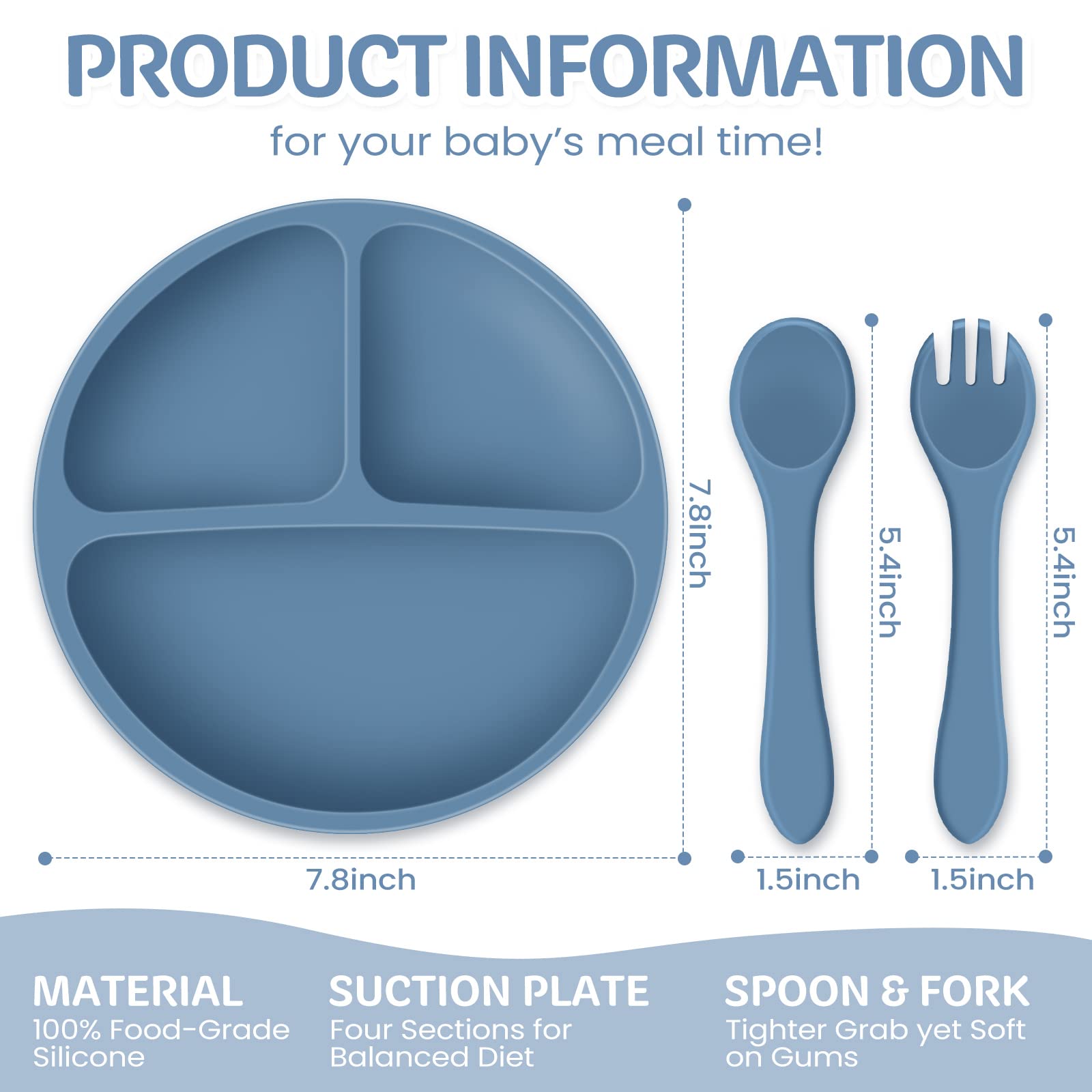 Potchen 6 Pack Suction Plates for Baby with Spoon Fork Divided Toddler Plate with Suction Silicone Baby Self Feeding Set for Boys Girls (Dark Gray, Army, Dark Blue, Orange, Khaki, Pink)