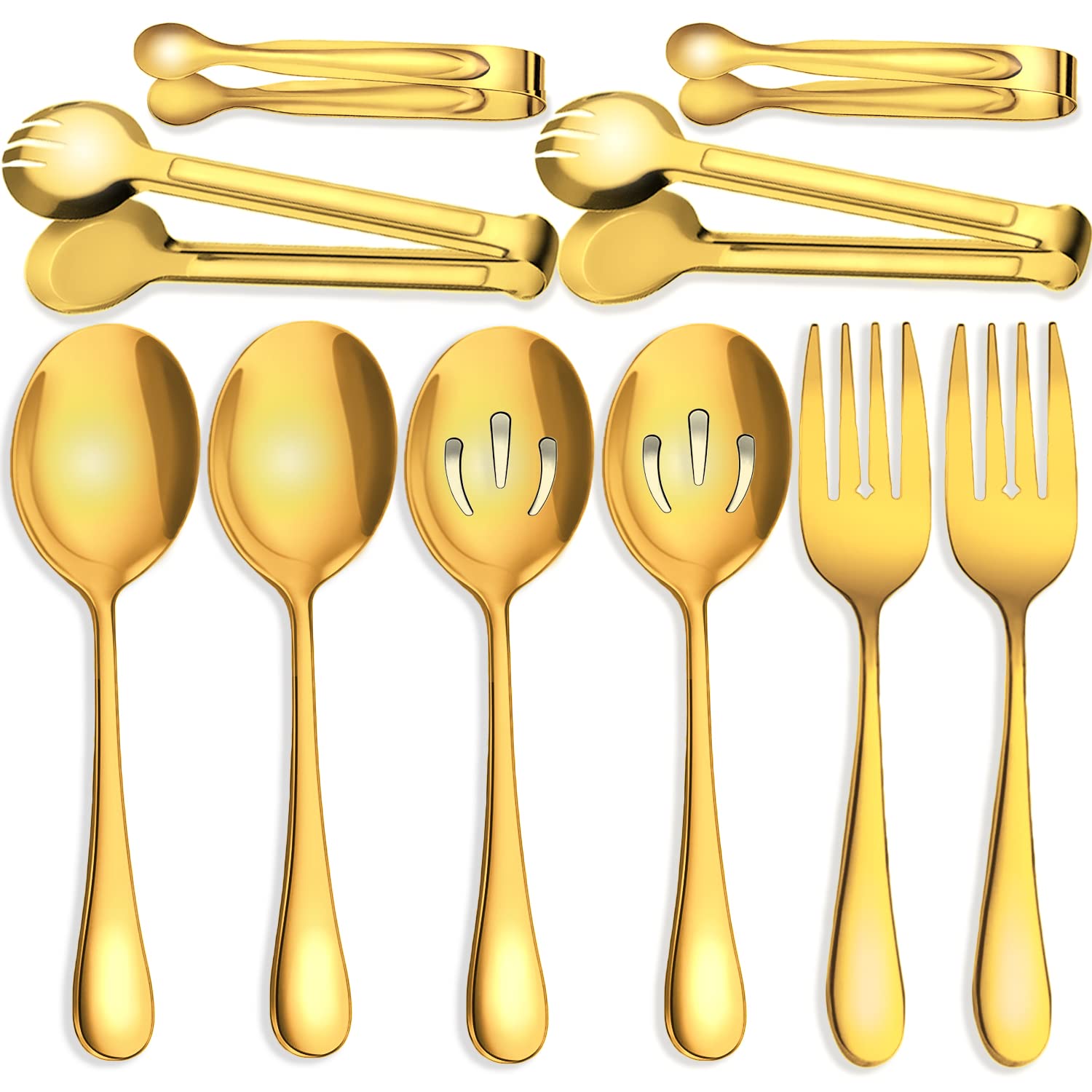 IAXSEE 10 PCS Stainless Steel Serving Utensils, Large Serving Spoons Slotted Spoons, Serving Forks, Serving Tongs, Ice Suger Tongs, Metal Utensils Set Great for Buffet Catering Banquet Party (Gold)