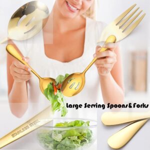 IAXSEE 10 PCS Stainless Steel Serving Utensils, Large Serving Spoons Slotted Spoons, Serving Forks, Serving Tongs, Ice Suger Tongs, Metal Utensils Set Great for Buffet Catering Banquet Party (Gold)