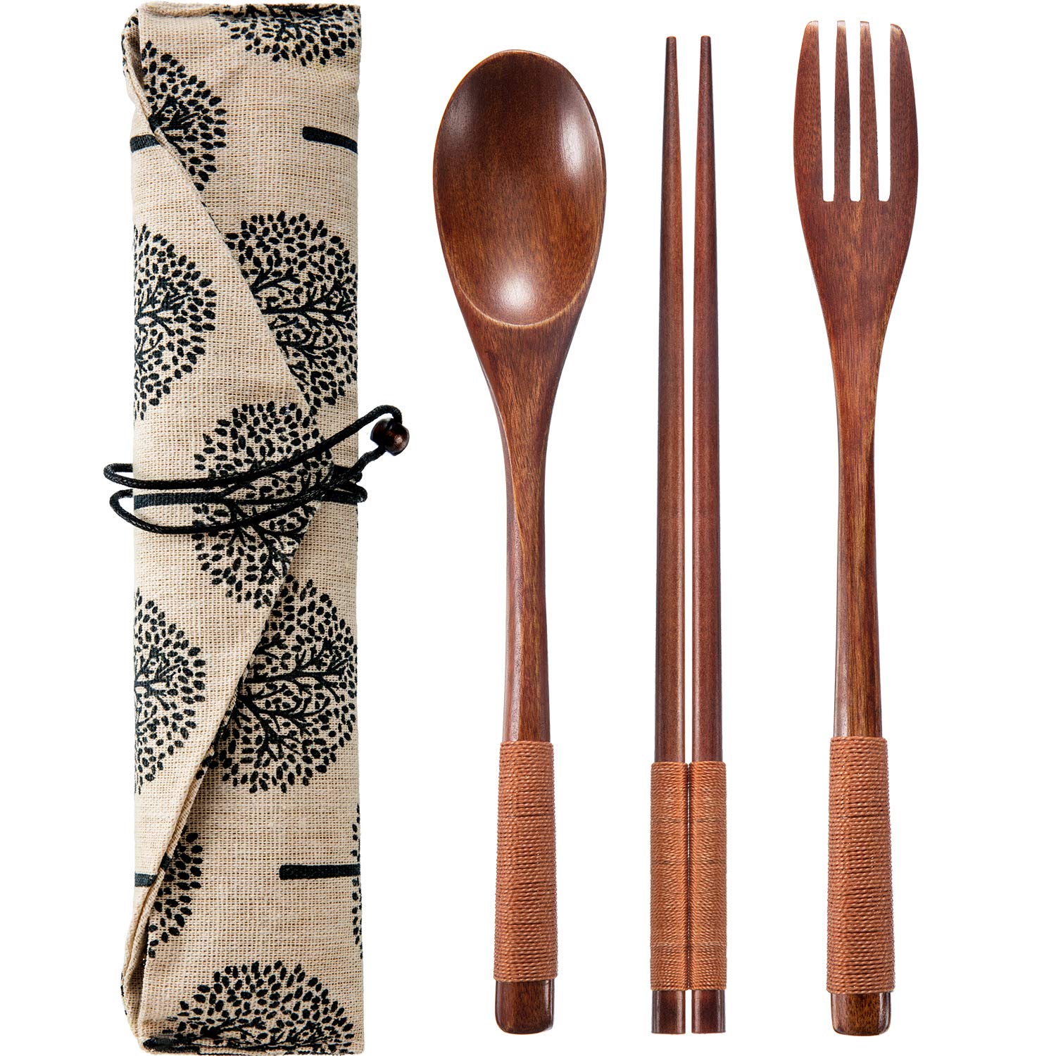 2 Sets Wooden Flatware Wooden Fork and Spoon Chopsticks Reusable Tableware Cutlery Set Travel Utensils Tied Line Flatware, Eating Utensils with Pouch for Office Camping Traveling