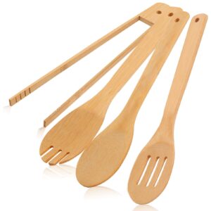 [4pcs] wooden bamboo cooking utensils : salad tongs, wood spoons, slotted spoon, bamboo forks, 11.8inch long handle salad serving utensils is perfect choice for daily cooking and gifts.usoonesp