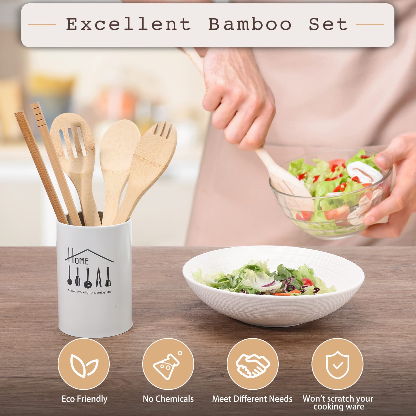 [4PCS] Wooden Bamboo Cooking Utensils : Salad Tongs, Wood Spoons, Slotted Spoon, Bamboo Forks, 11.8inch Long Handle Salad Serving Utensils is Perfect Choice for Daily Cooking and Gifts.USOONESP