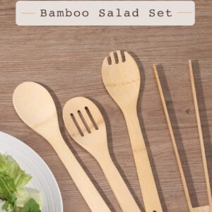 [4PCS] Wooden Bamboo Cooking Utensils : Salad Tongs, Wood Spoons, Slotted Spoon, Bamboo Forks, 11.8inch Long Handle Salad Serving Utensils is Perfect Choice for Daily Cooking and Gifts.USOONESP