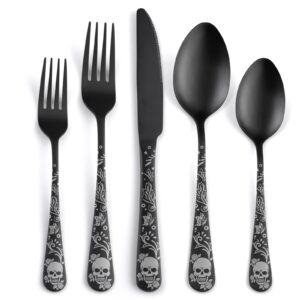 sanluns 40 piece skull pattern matte silverware set for 8, black flatware set service for 8,gothic unique skull pattern design,18/0 stainless,satin finish cutlery for 8,dishwasher safe