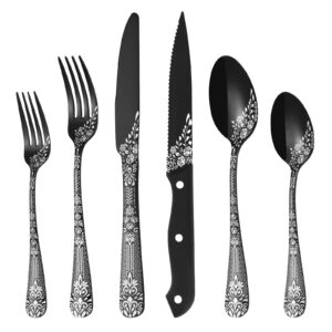 euirio 24-piece black silverware set with steak knives, black flatware set for 4, stainless steel mirror cutlery set, spoons forks knives set with unique floral laser, eating utensils, dishwasher safe