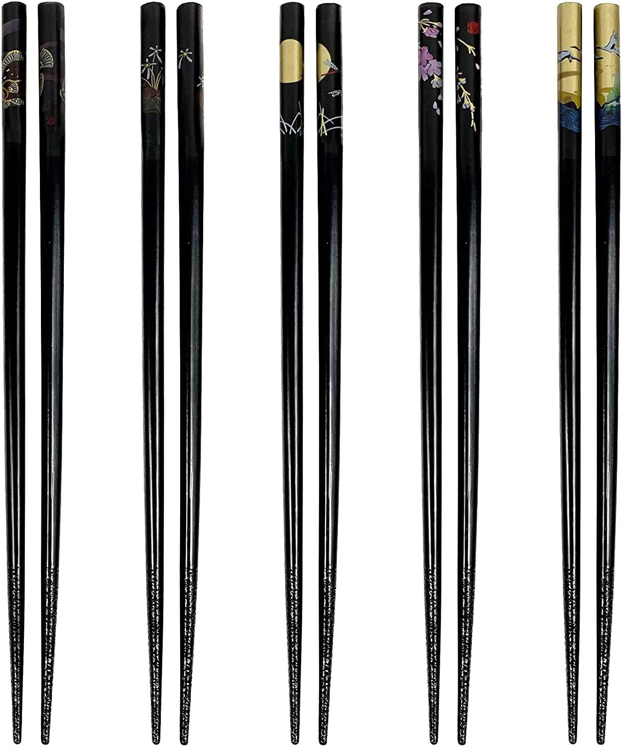 JapanBargain 3672, Bamboo Chopsticks Reusable Japanese Chinese Korean Wood Chop Sticks Hair Sticks 5 Pair Gift Set Dishwasher Safe, 9 inch, Black