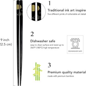 JapanBargain 3672, Bamboo Chopsticks Reusable Japanese Chinese Korean Wood Chop Sticks Hair Sticks 5 Pair Gift Set Dishwasher Safe, 9 inch, Black