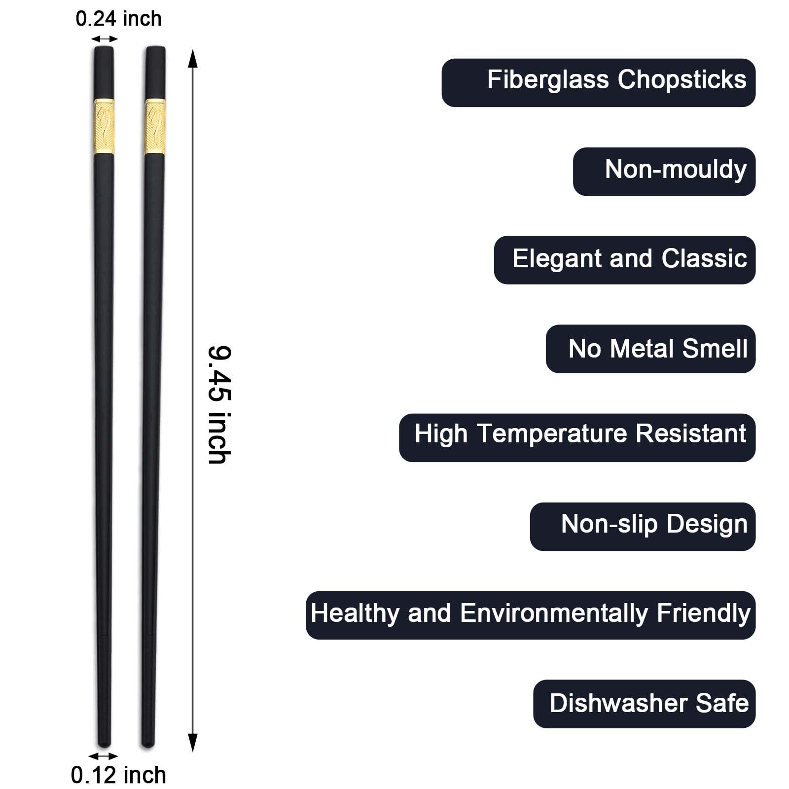 Chopsticks, Bestdin 10 Pairs Fiberglass Chopsticks Reusable, Premium High Temperature Resistant Chop Sticks for Cooking Eating, Square Non-Slip Odorless ChopSticks Reusable, Dishwasher Safe, 9.4 Inch