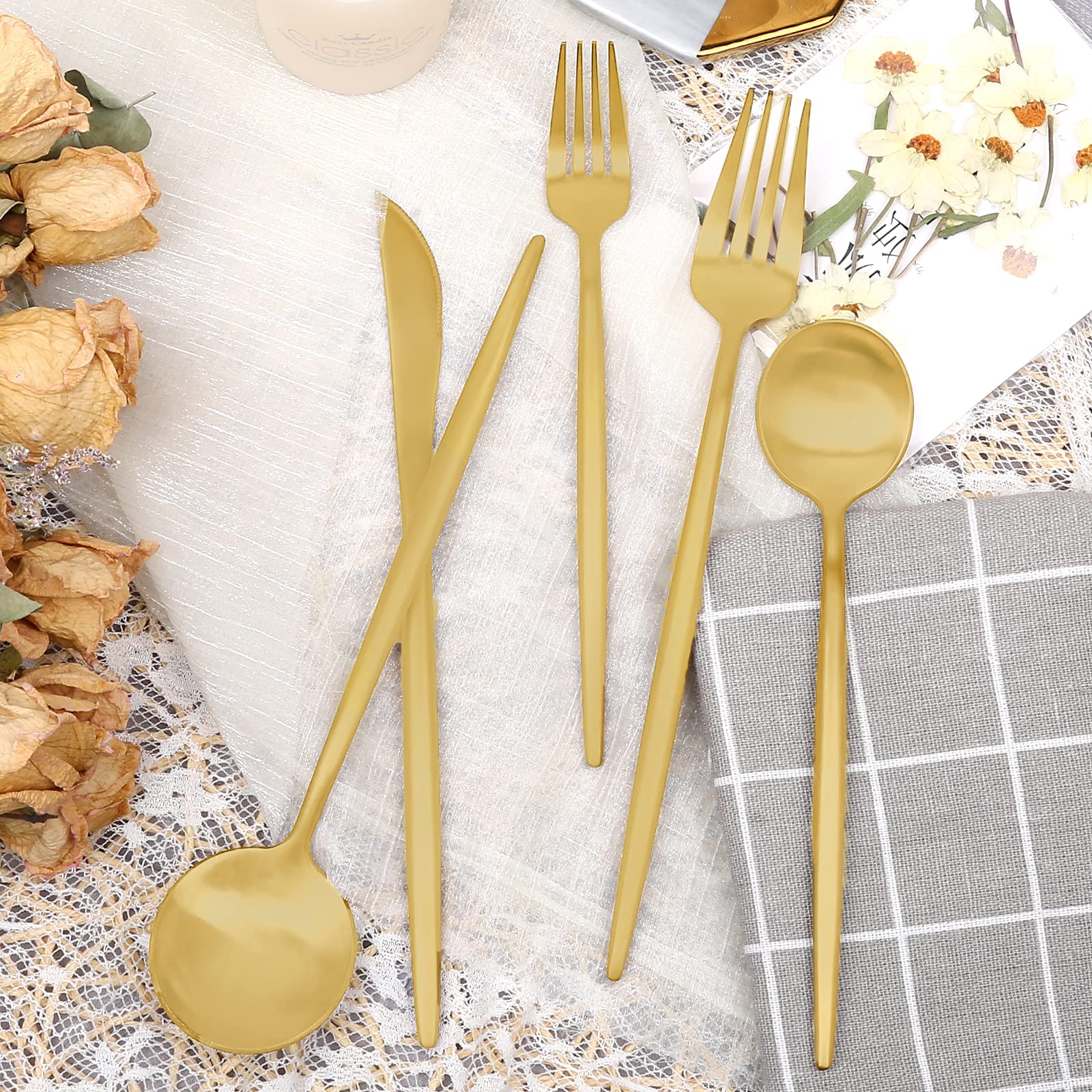 Matte Gold Silverware Set 30 Pieces, FAMEWARE Stainless Steel Flatware Set，Service for 6，Kitchen Utensil Set, Tableware Cutlery Set, Satin Finished Polished & Dishwasher Safe