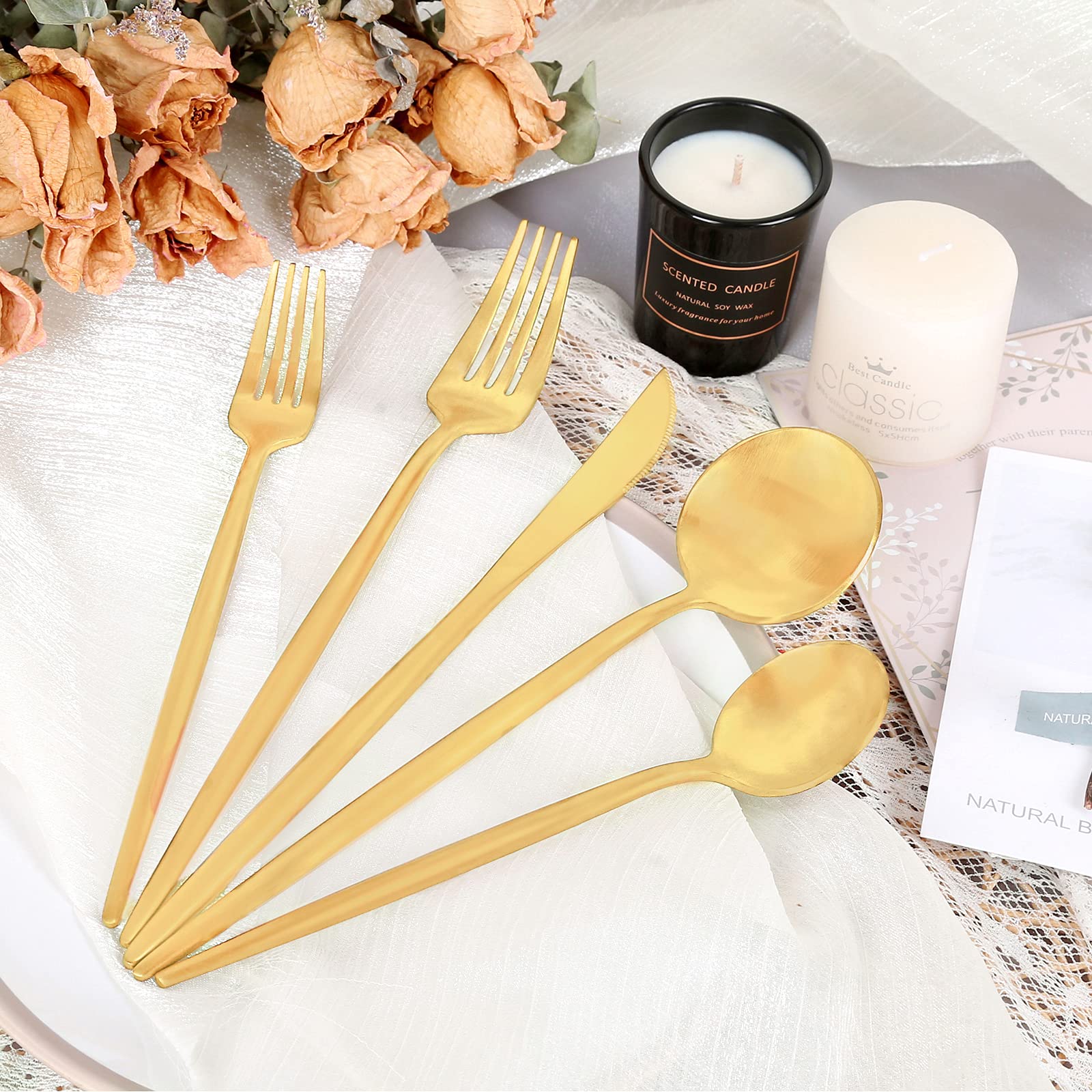 Matte Gold Silverware Set 30 Pieces, FAMEWARE Stainless Steel Flatware Set，Service for 6，Kitchen Utensil Set, Tableware Cutlery Set, Satin Finished Polished & Dishwasher Safe