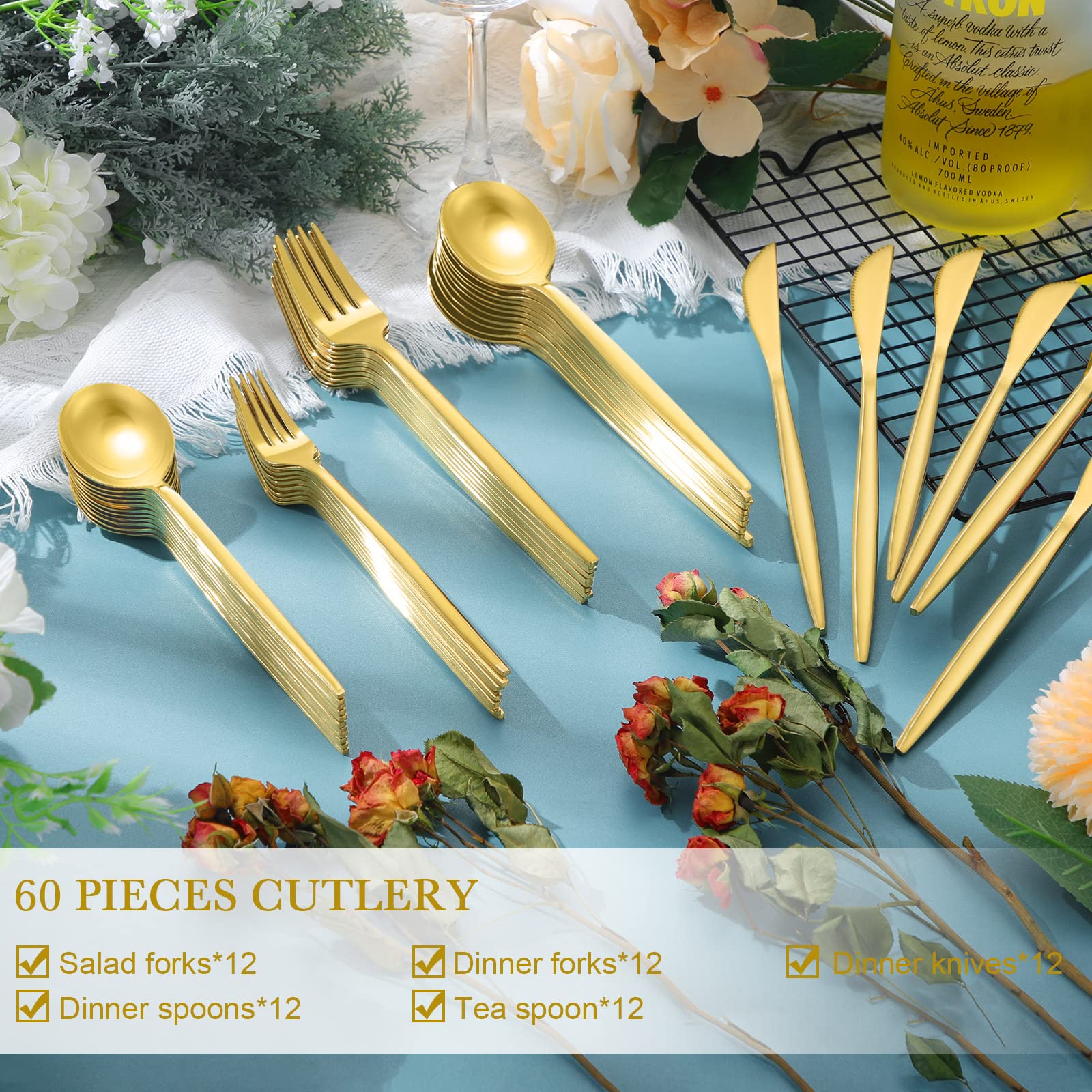 60 Pieces Stainless Steel Tableware Set Silverware Set Flatware Cutlery Set Utensils Set Spoon Fork Knives Set Service for 12 for Home Restaurant Apartment and Kitchens (Gold)