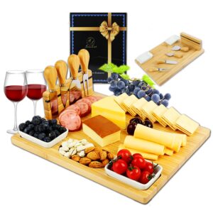 funlect bamboo cheese board set – serving tray and cheese serving platter. rectangular cheese board and knife set for cracker and brie. large charcuterie board and cheese tray for housewarming gift