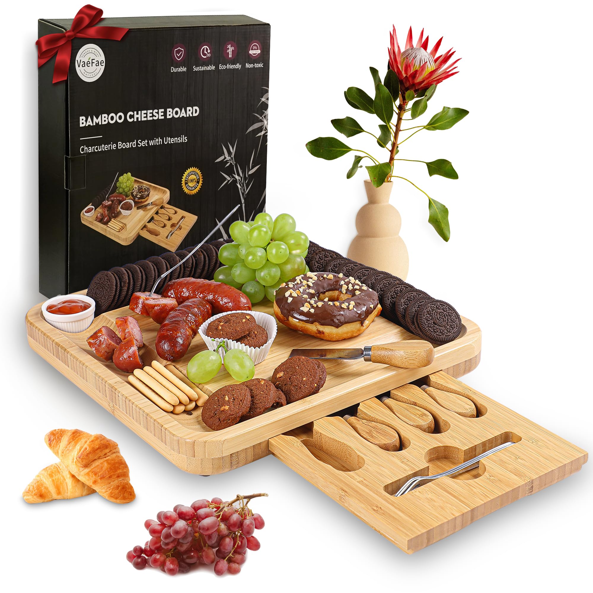 VaeFae Cheese Board and Knife Set, Bamboo Charcuterie Board with Magnetic Slide-Out Drawer and 2 Ceramic Bowls