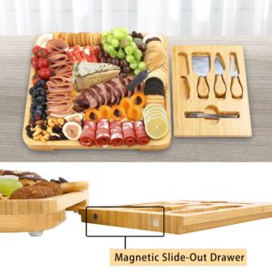 VaeFae Cheese Board and Knife Set, Bamboo Charcuterie Board with Magnetic Slide-Out Drawer and 2 Ceramic Bowls