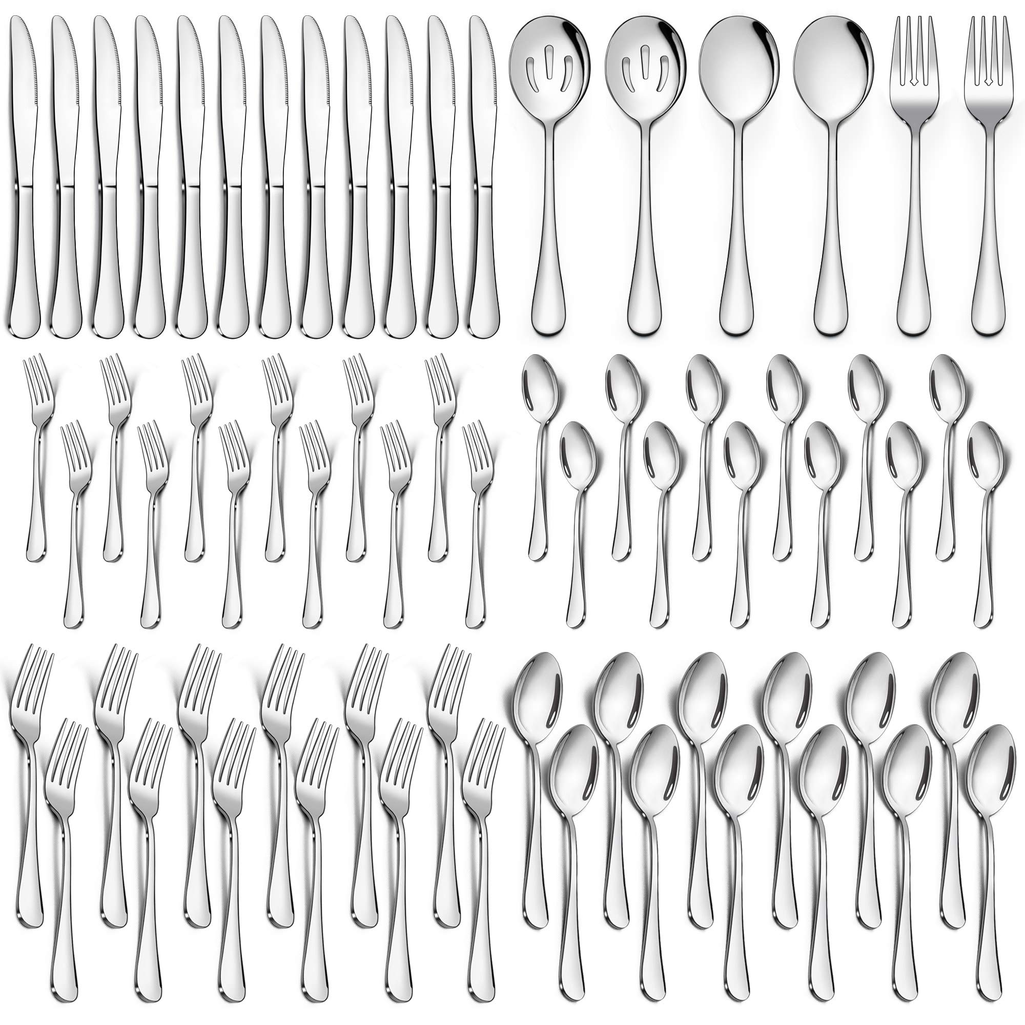 LIANYU 66-Piece Silverware Set with Serving Utensils, Stainless Steel Silverware Flatware Set for 12, Elegant Cutlery Tableware Includes Fork Spoon Knife, Mirror Polished, Dishwasher Safe