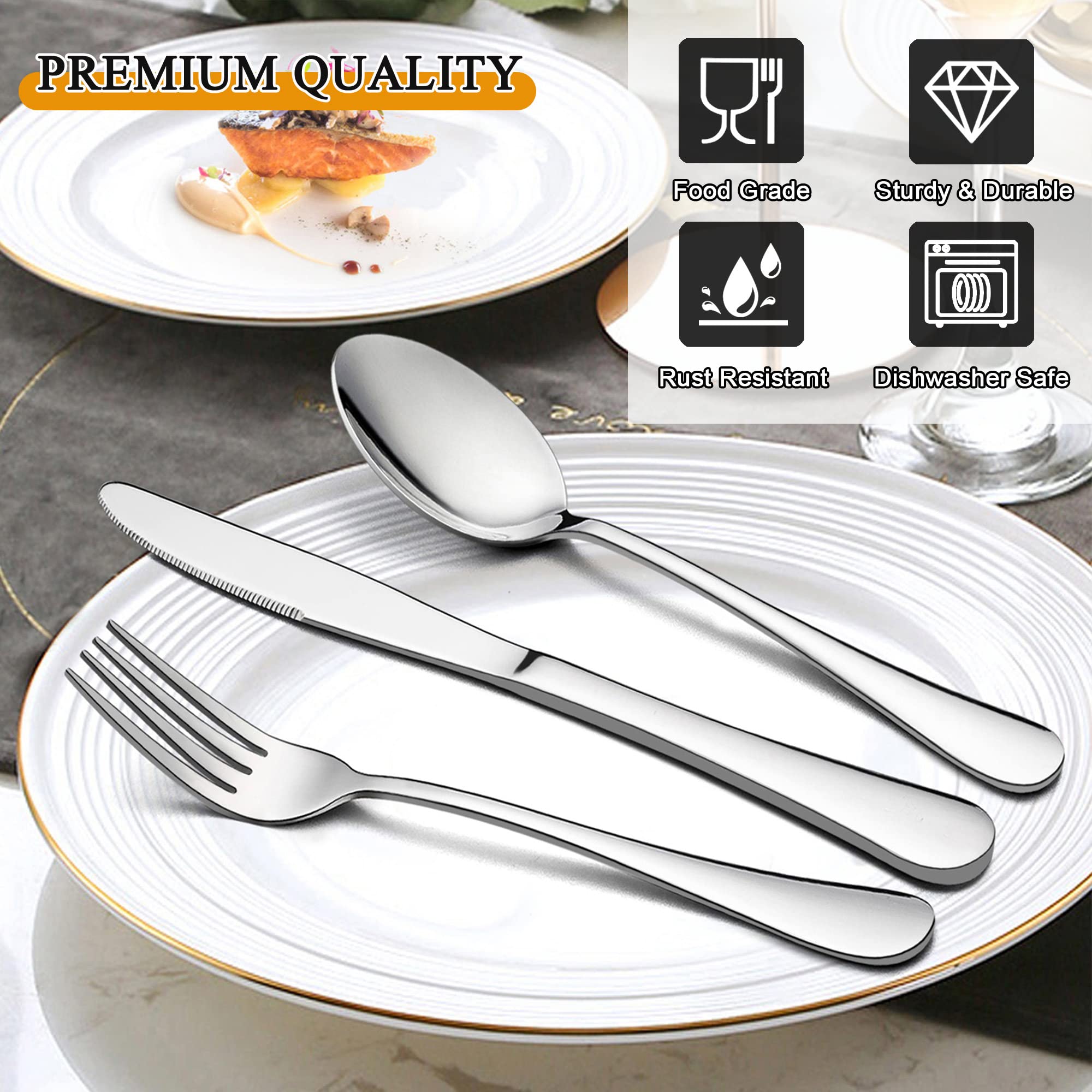 LIANYU 66-Piece Silverware Set with Serving Utensils, Stainless Steel Silverware Flatware Set for 12, Elegant Cutlery Tableware Includes Fork Spoon Knife, Mirror Polished, Dishwasher Safe