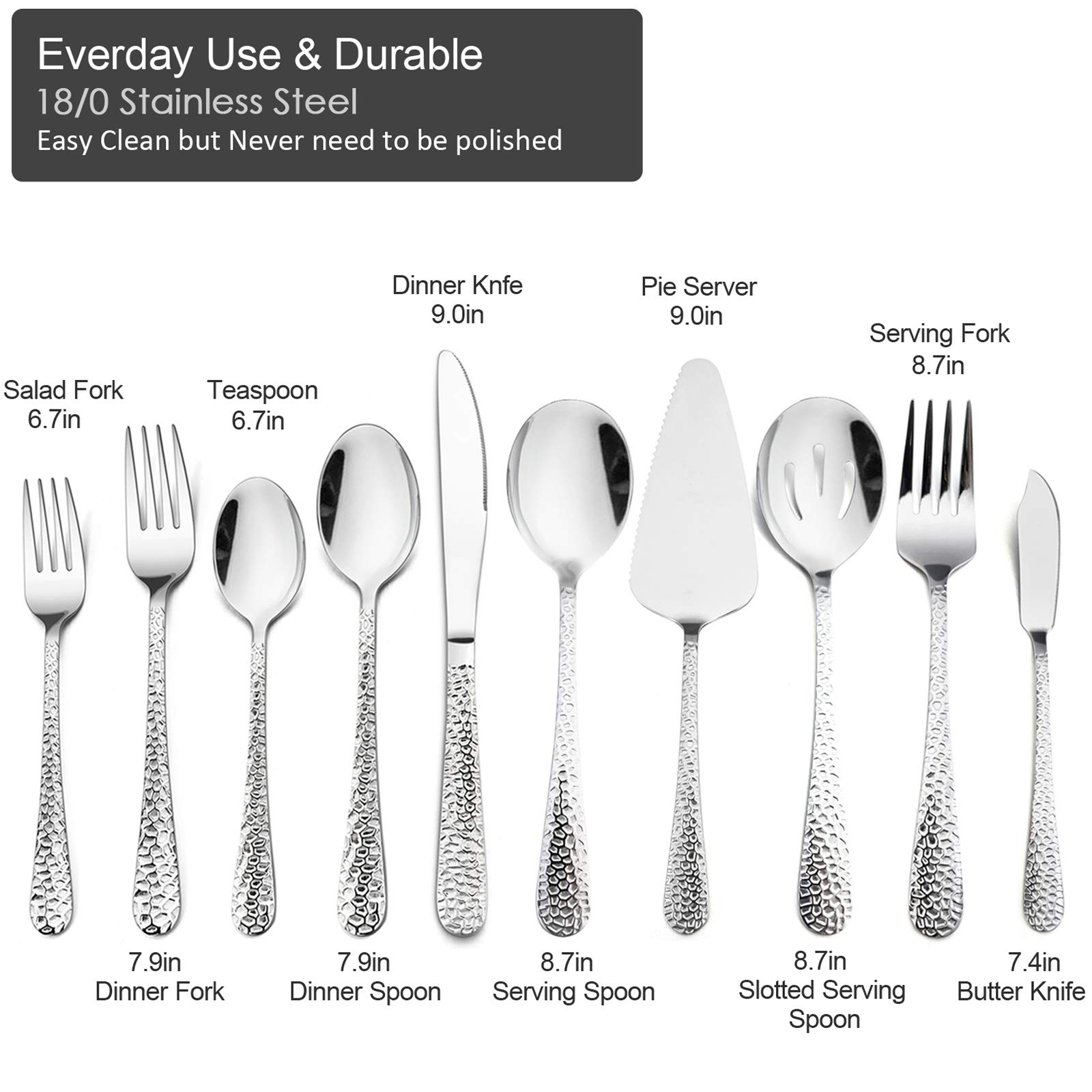 HaWare Hammered 65-Piece Silverware Set for 12, Stainless Steel Flatware Cutlery Serving Utensils, Modern Design Eating Tableware for Home Kitchen Hotel Restaurant, Mirror Polished, Dishwasher Safe