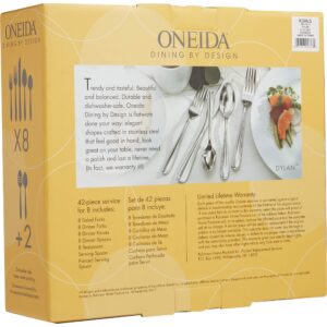 Oneida Dylan 42 Piece Everyday Flatware, Service for 8, 18/0 Stainless Steel, Silverware Set